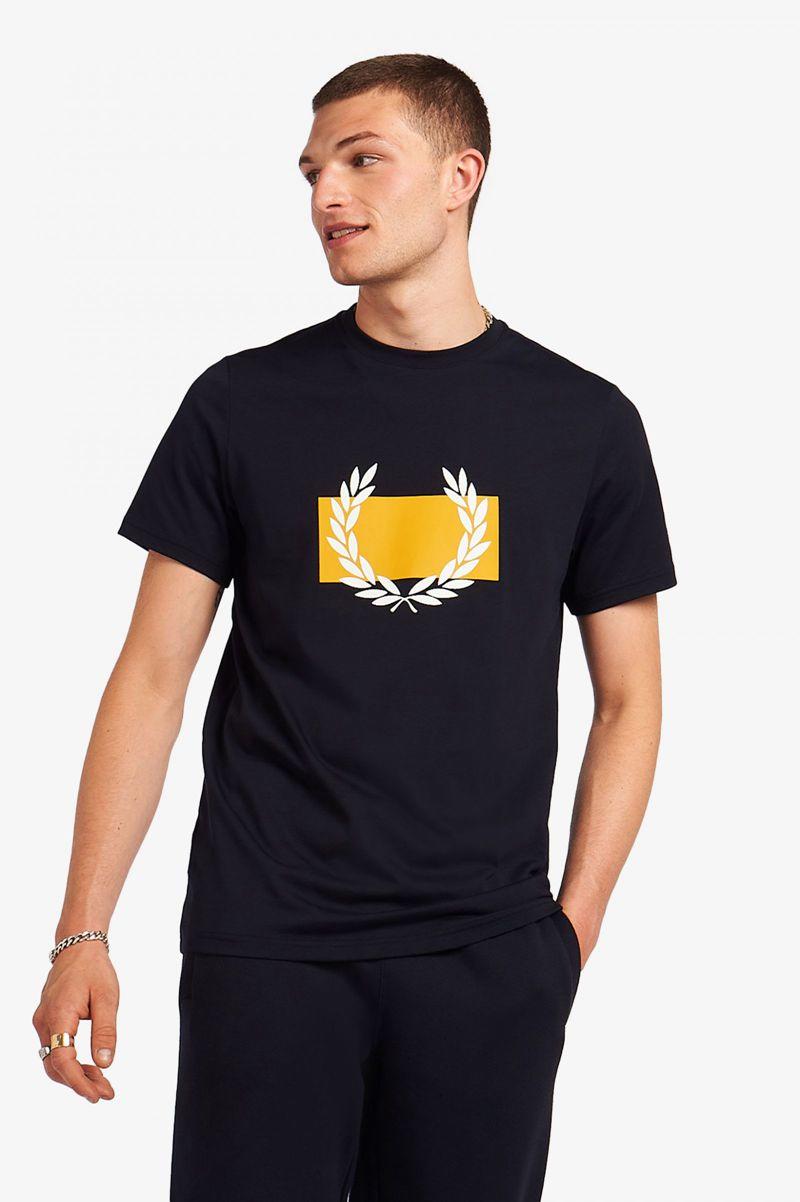 Navy Fred Perry Laurel Wreath Print Men's T Shirts | PH 1712ZUTG